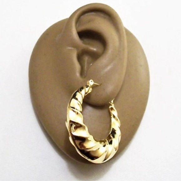 Swirl Crimped Hoops Pierced Stud Earrings Gold Plated Vintage Large Round - Picture 6 of 6